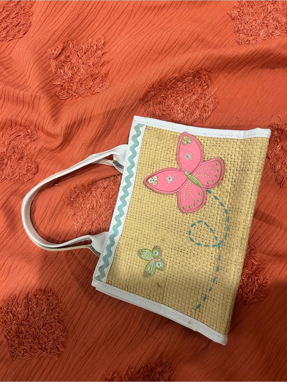 Gymboree Pink Butterfly Straw Tote with White Trim